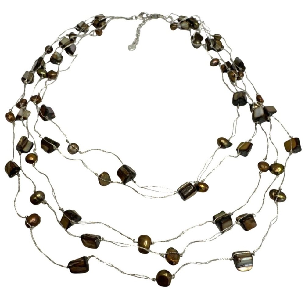 Brown Mother Of Pearl Beaded Multi Layer Silvertone Necklace